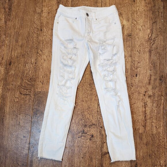 AMERICAN EAGLE Tom Girl Stretch Distressed Button Fly White Jeans - Sz 2 - Picture 2 of 8